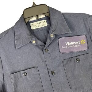 Walmart Auto Care Center Work Shirt Navy Blue Short Sleeve Patch Uniform S Mens